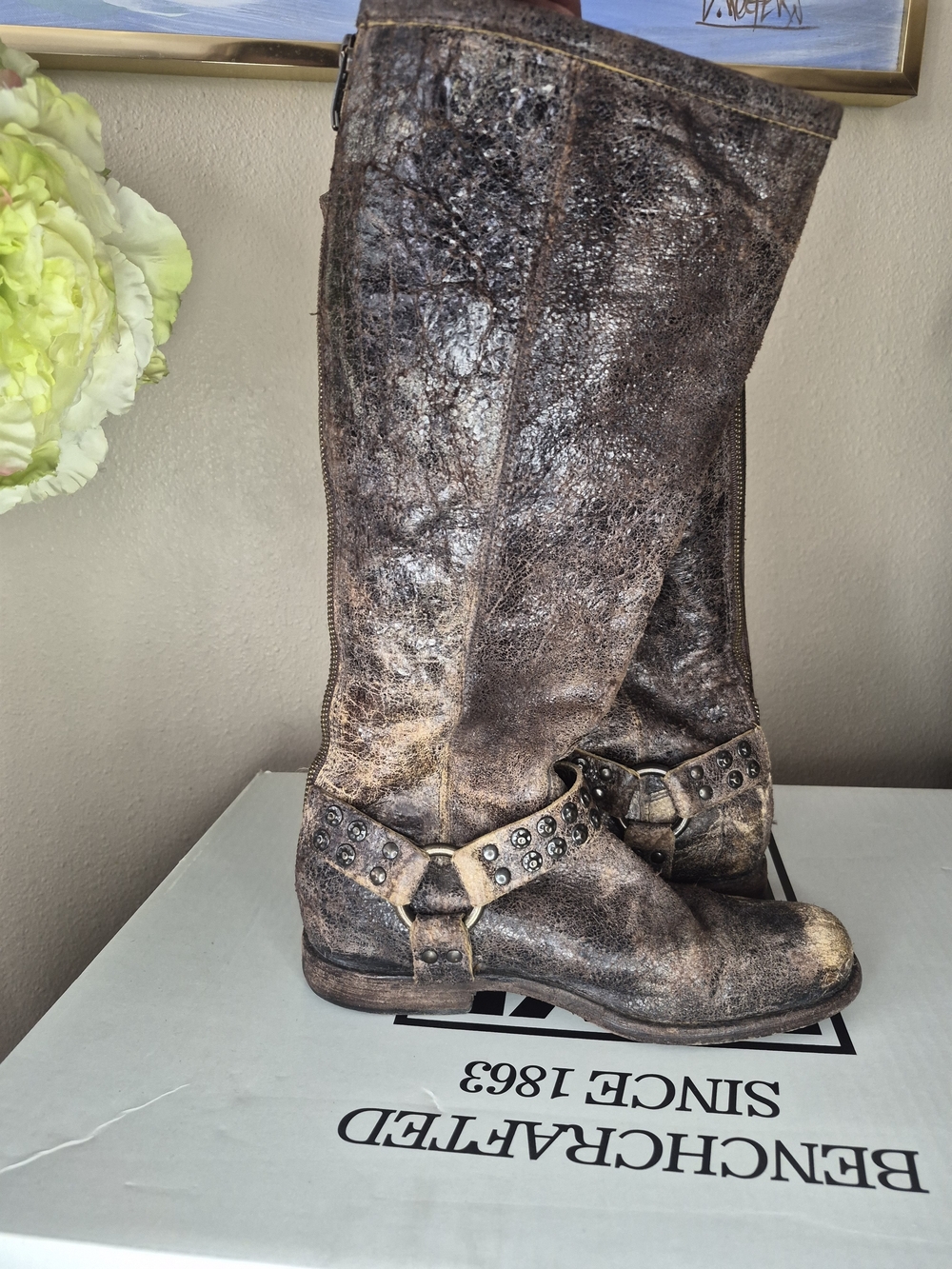 Frye Brown Distressed Leather Studded Harness Knee Boots - Picture 5 of 8